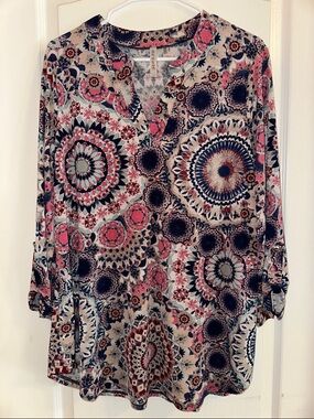 Boho Medallion Print V-Neck Blouse - Pink & Navy